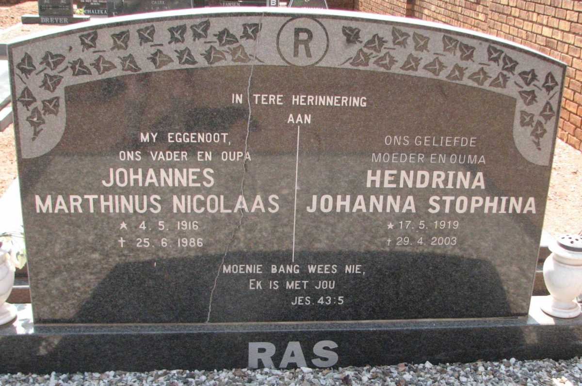 RAS Johannes Marthinus Nicolaas 1916-1986 &amp; Hendrina Johanna Stophina 1919-2003
