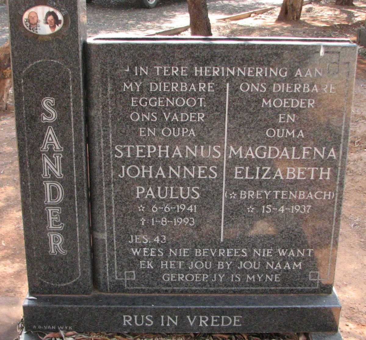 SANDER Stephanus Johannes Paulus 1941-1993 &amp; Magdalena Elizabeth BREYTENBACH 1937-