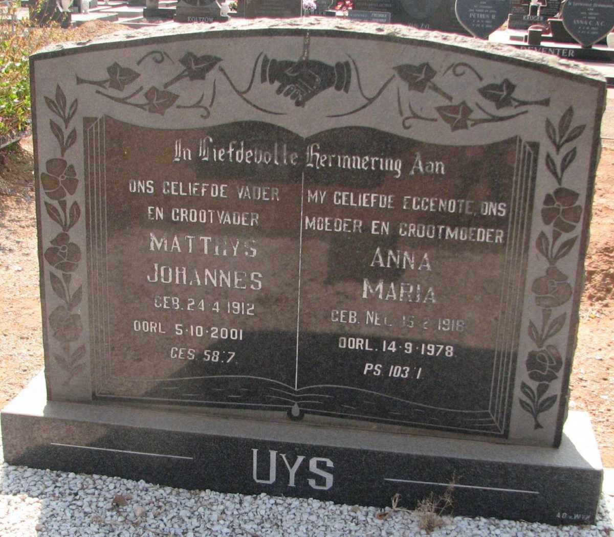 UYS Matthys Johannes 1912-2001 &amp; Anna Maria NEL 1918-1978