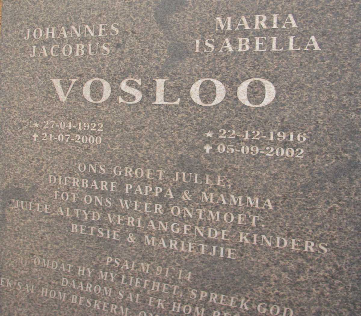 VOSLOO Johannes Jacobus 1922-2000 &amp; Maria Isabella 1916-2002