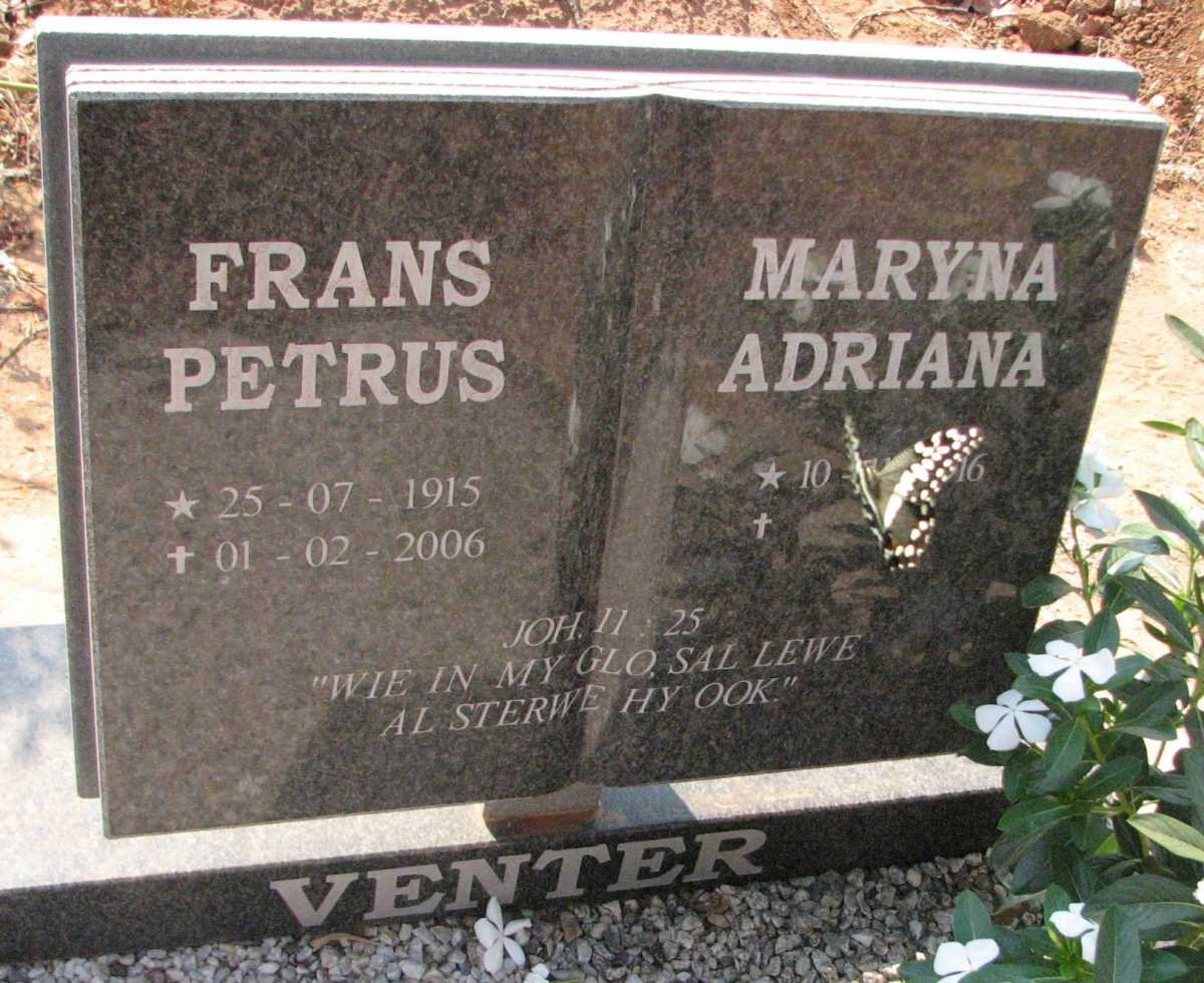 VENTER Frans Petrus 1915-2006 &amp; Maryna Adriana 1916-