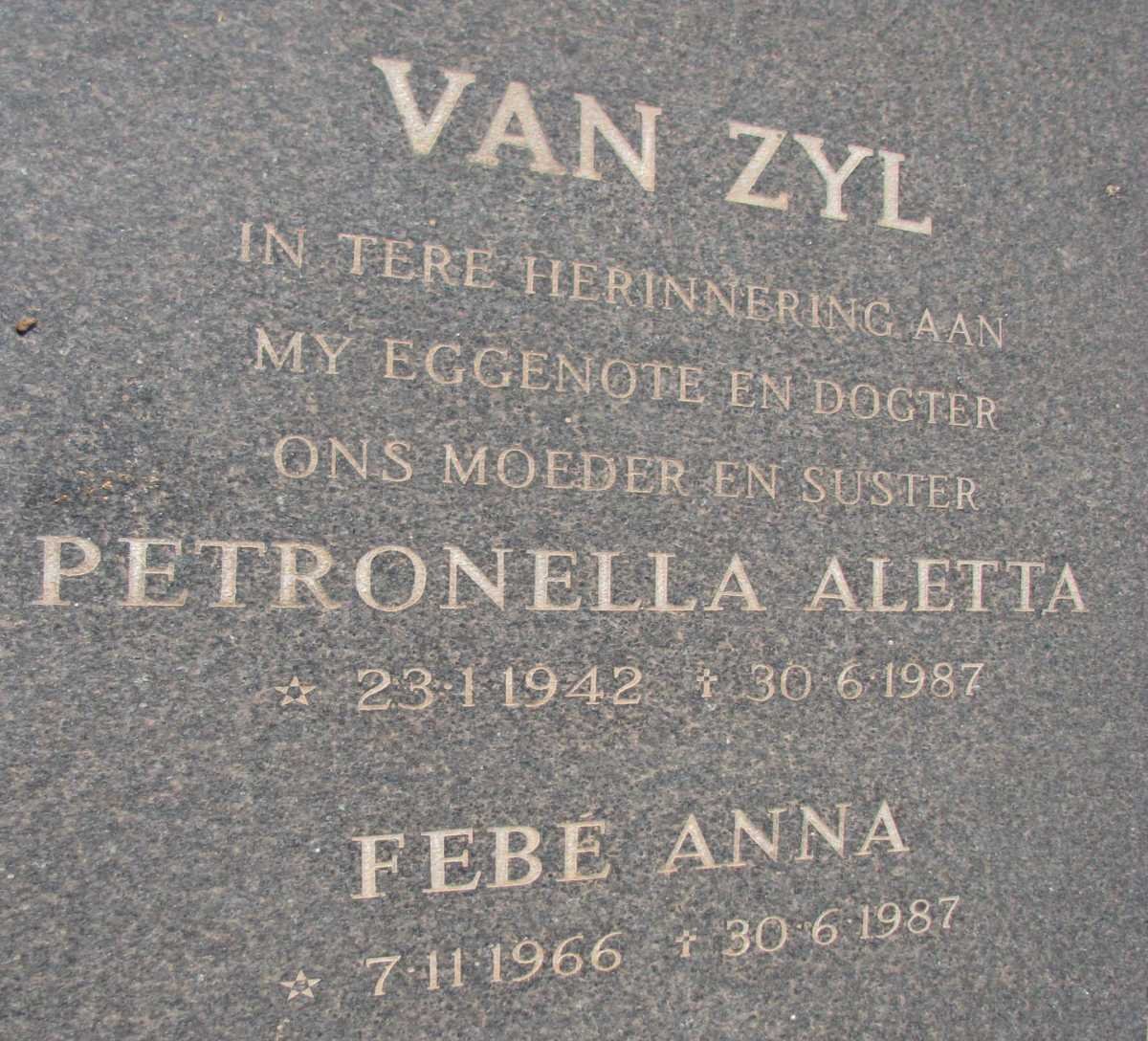 ZYL Petronella Aletta, van 1942-1987 :: ZYL Febe Anna, van 1966-1987