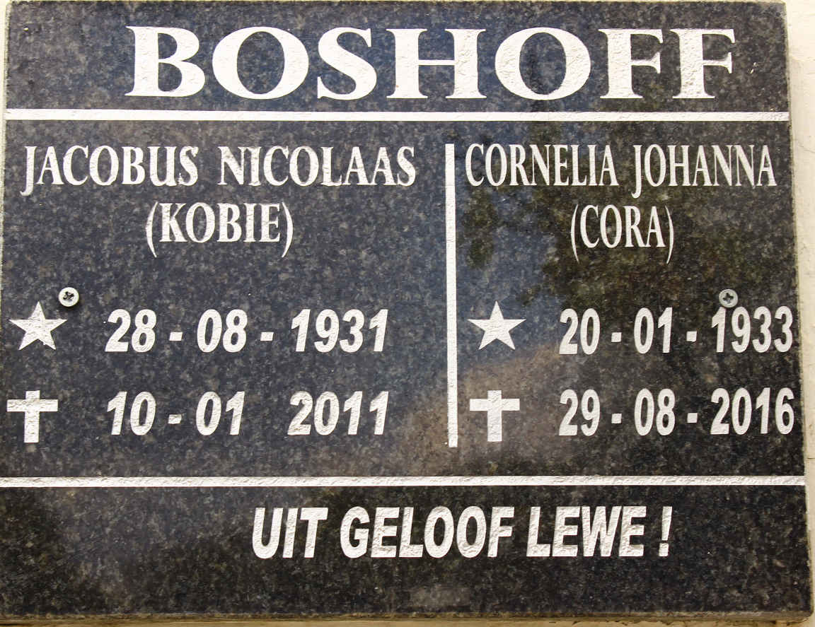 BOSHOFF Jacobus Nicolaas 1931-2011 &amp; Cornelia Johanna 1933-2016