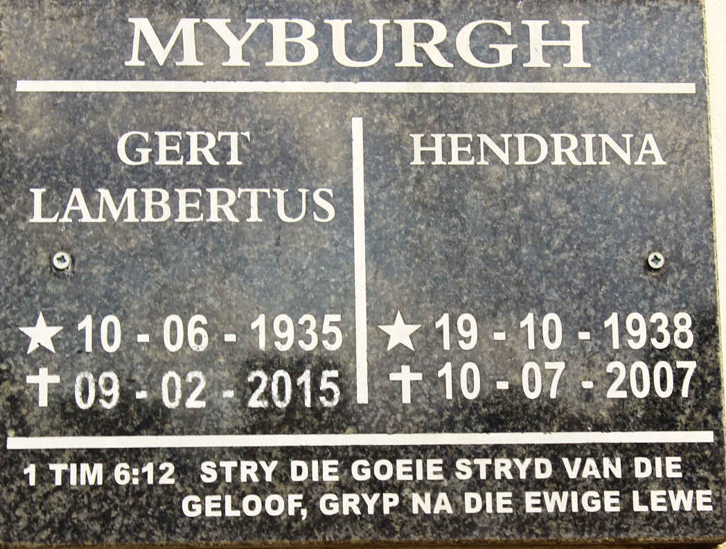 MYBURGH Gert Lambertus 1935-2015 &amp; Hendrina 1938-2007