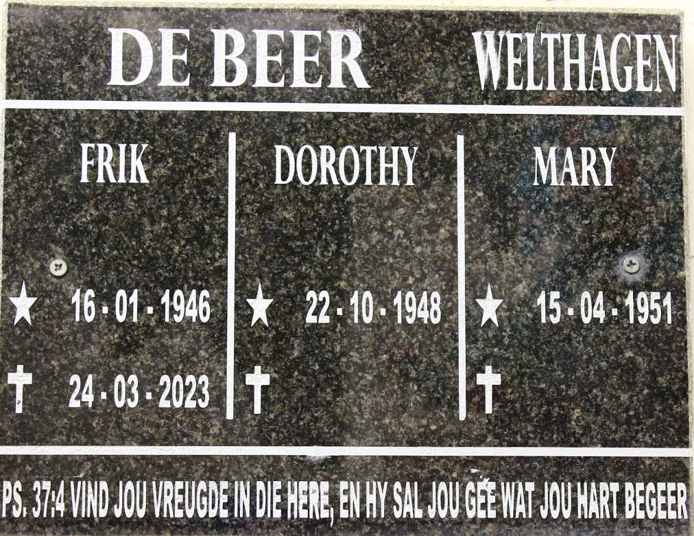 BEER Frik, de 1946-2023 &amp; Dorothy 1948- :: WELTHAGEN Mary 1951-