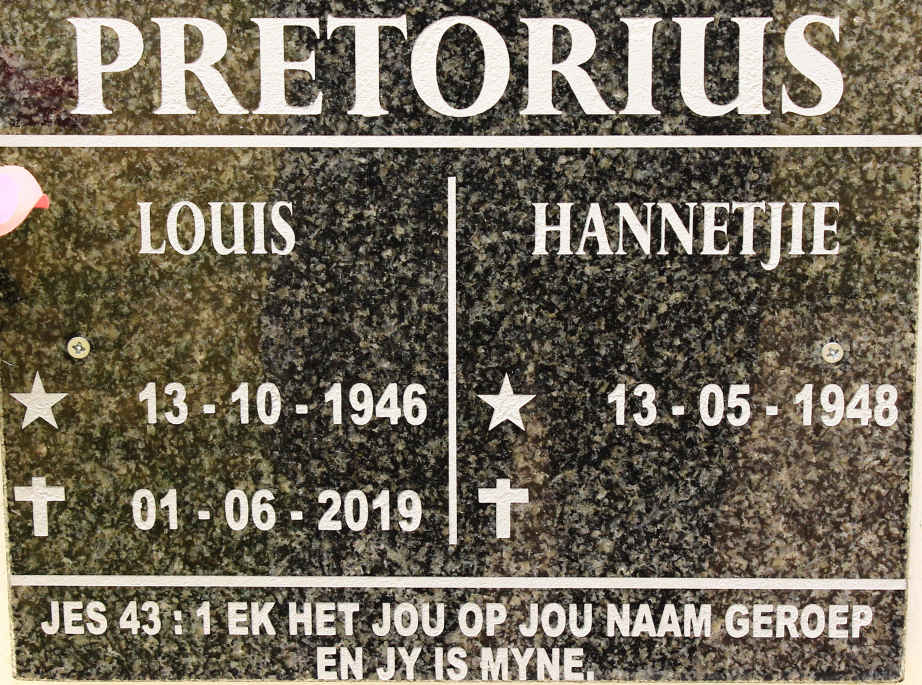 PRETORIUS Louis 1946-2019 &amp; Hannetjie 1948-