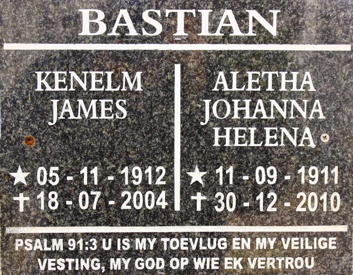 BASTIAN Kenelm James 1912-2004 &amp; Aletha Johanna Helena 1911-2010