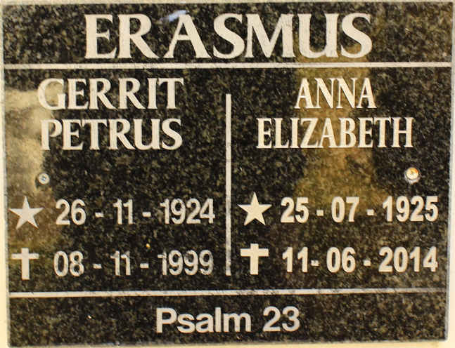 ERASMUS Gerrit Petrus 1924-1999 &amp; Anna Elizabeth 1925-2014