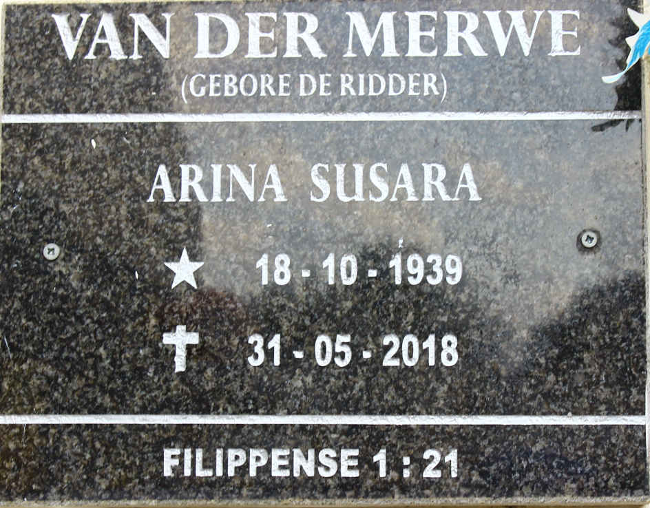 MERWE Arina Susara, van der nee DE RIDDER 1939-2018