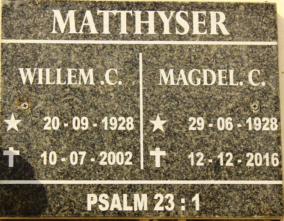 MATTHYSER Willem C. 1928-2002 &amp; Magdel C. 1928-2016