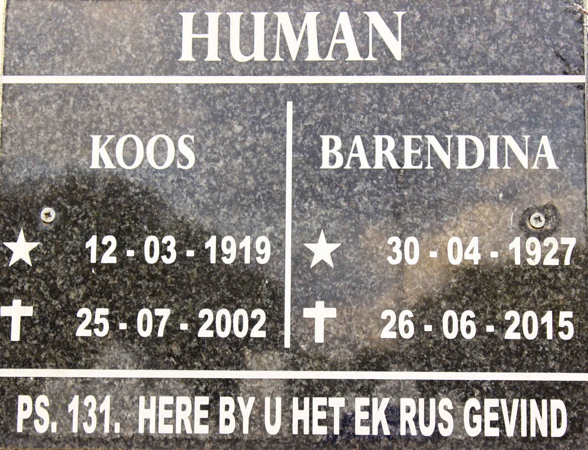 HUMAN Koos 1919-2002 &amp; Barendina 1927-2015
