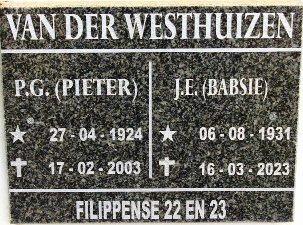 WESTHUIZEN P.G., van der  1924-2003 &amp; J.E. 1931-2023