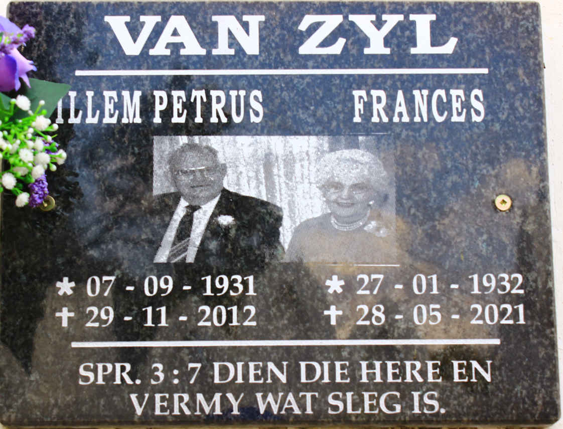 ZYL Willem Petrus, van 1931-2012 &amp; Frances 1932-2021