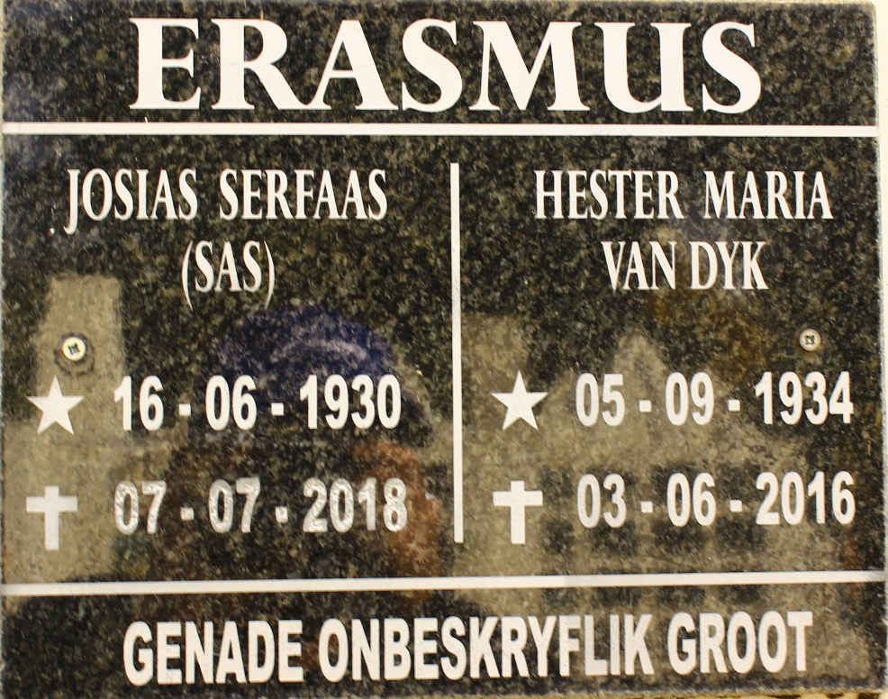 ERASMUS Josias Serfaas 1930-2018 &amp; Hester Maria VAN DYK 1934-2016