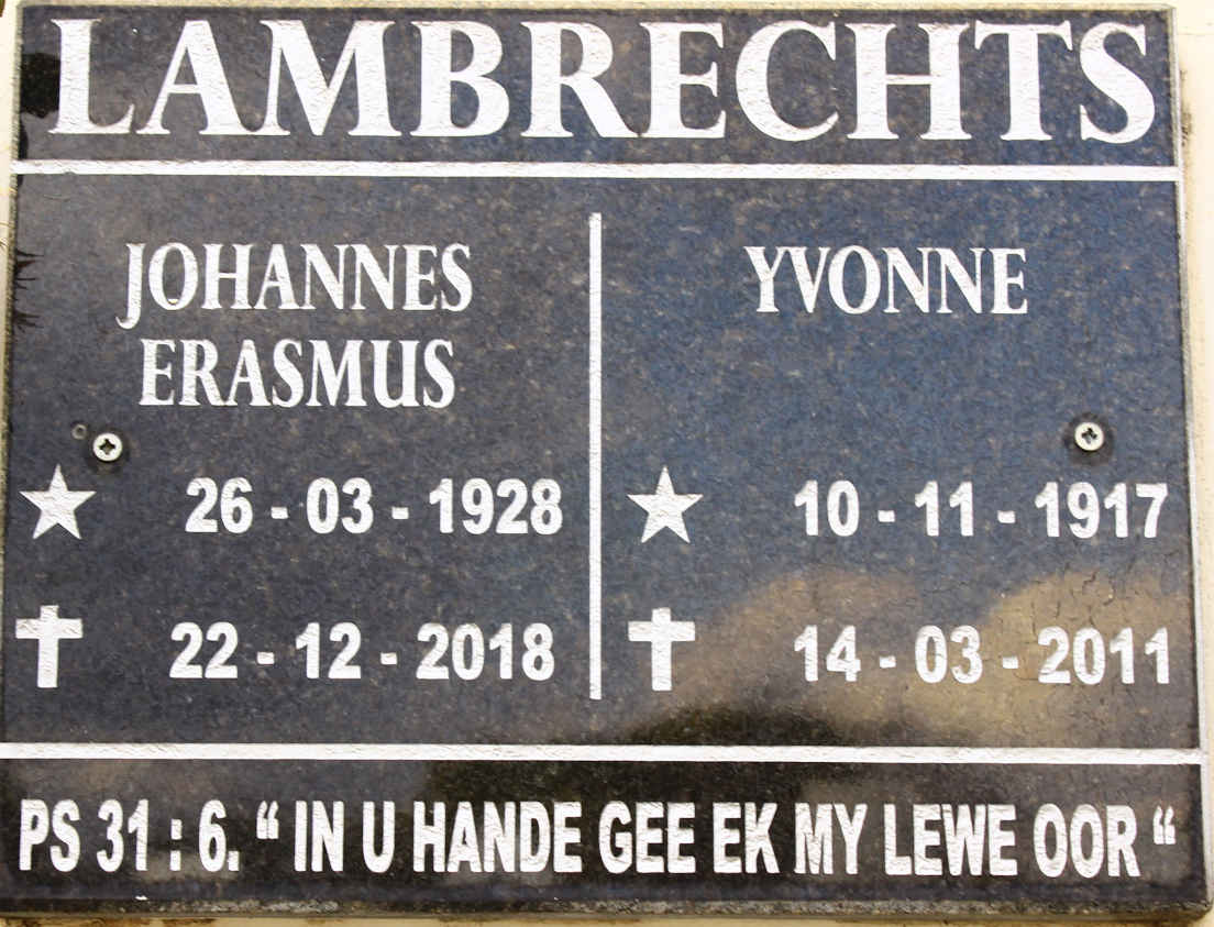 LAMBRECHTS Johannes Erasmus 1928-2018 &amp; Yvonne 1917-2011