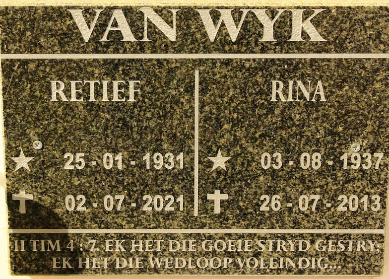 WYK Retief, van 1931-2021 &amp; Rina 1937-2013