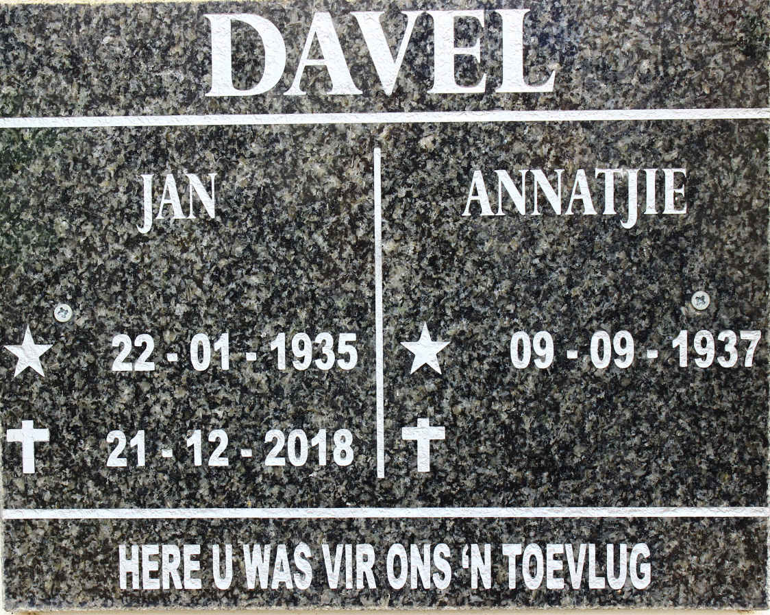 DAVEL Jan 1935-2018 &amp; Annatjie 1937-