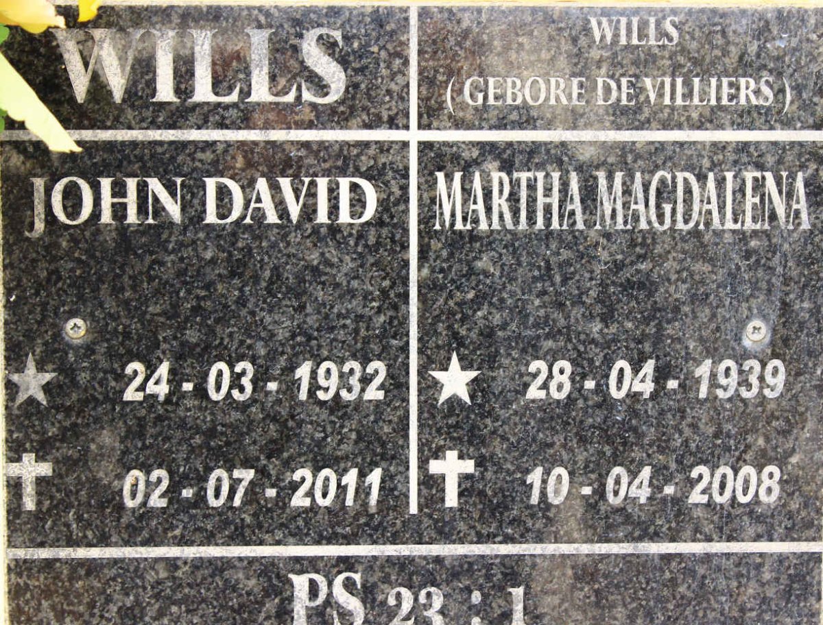 WILLS Johan David 1932-2011 &amp; Martha Magdalena DE VILLIERS 1939-2008