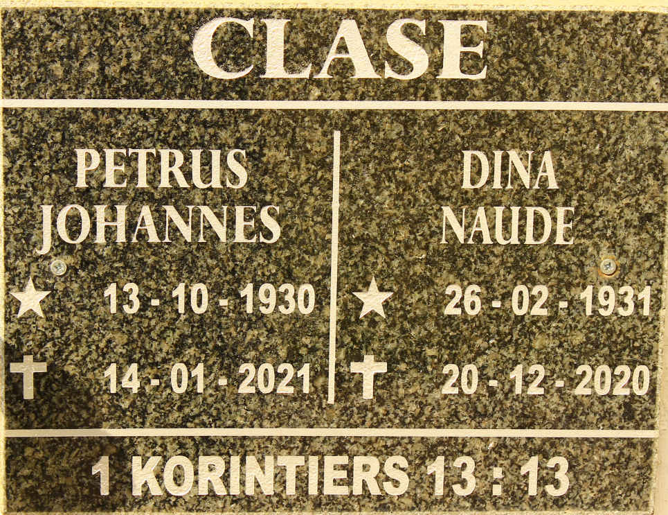 CLASE Petrus Johannes 1930-2021 &amp; Dina NAUDE 1931-2020