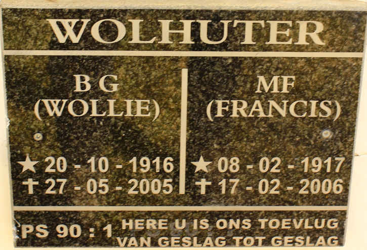 WOLHUTER B.G. 1916-2005 &amp; M.F. 1917-2006