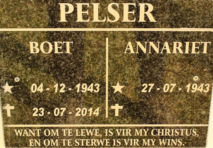 PELSER Boet 1943-2014 &amp; Annariet 1943-