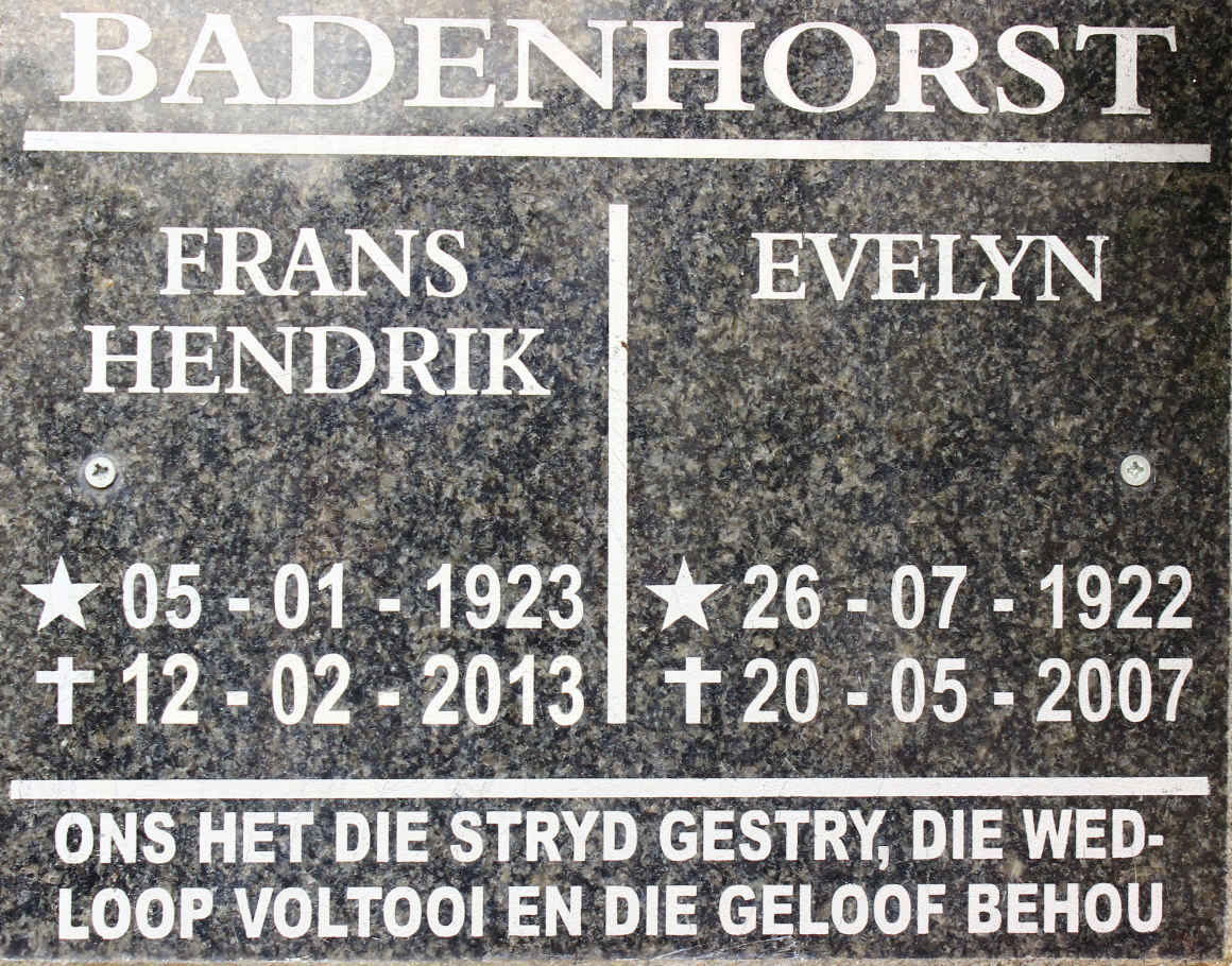 BADENHORST Frans Hendrik 1923-2013 &amp; Evelyn 1922-2007