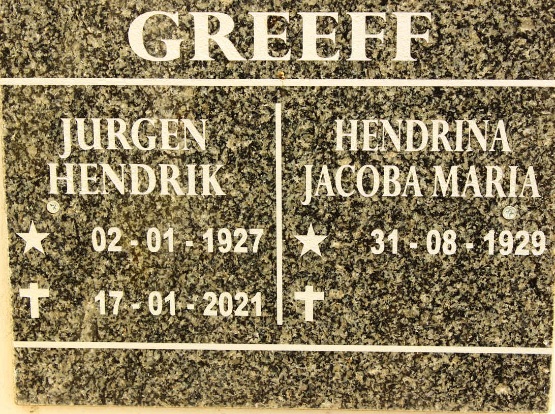 GREEFF Jurgen Hendrik 1927-2021 &amp; Hendrina Jacoba Maria 1929-