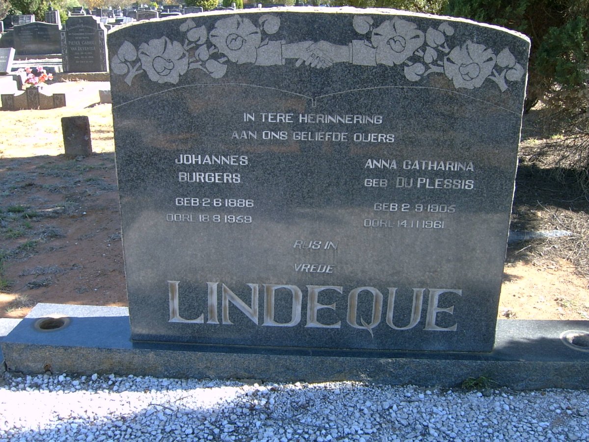 LINDEQUE Johannes Burgers 1886-1959 &amp; Anna Catharina DU PLESSIS 1905-1961