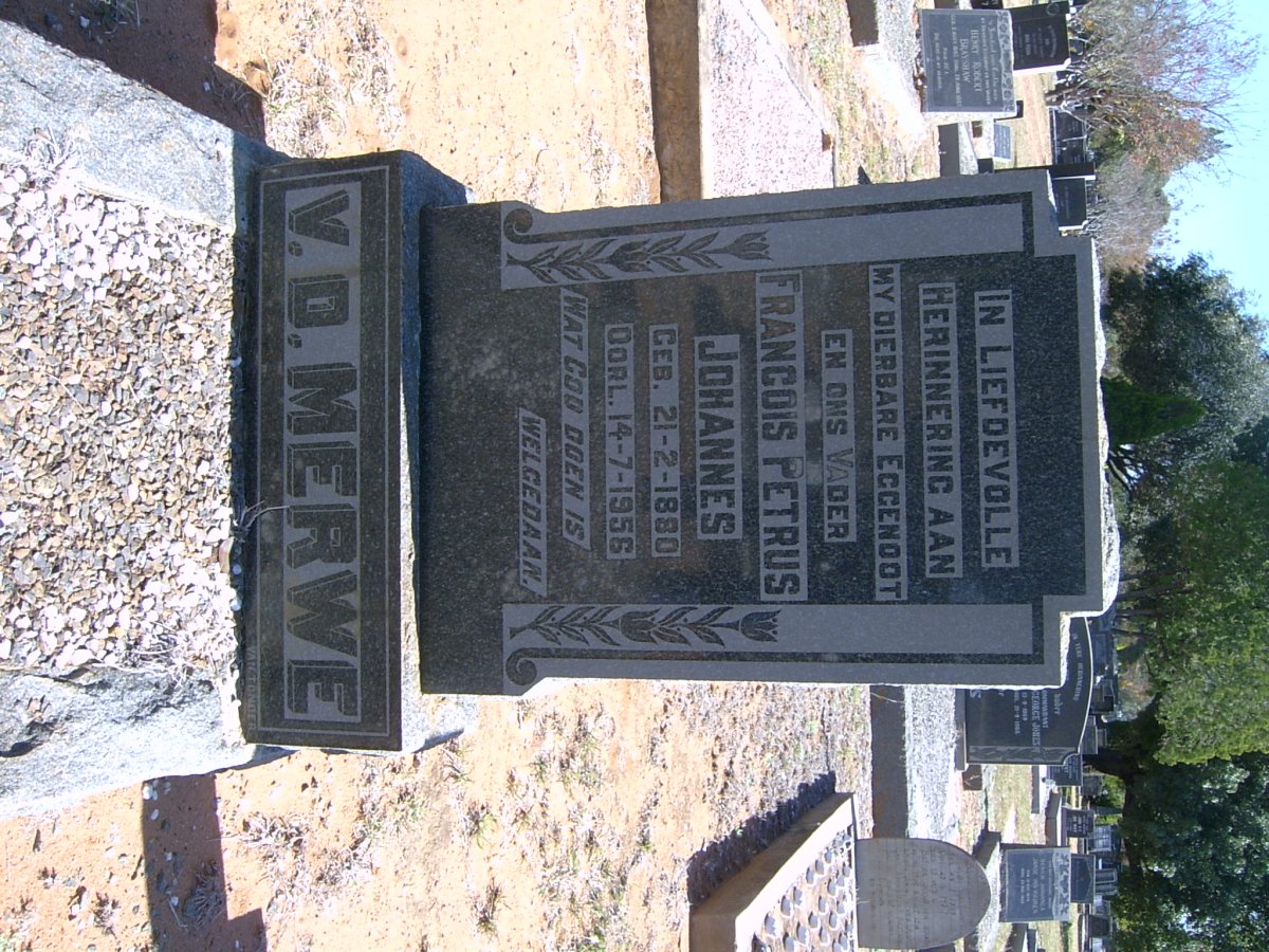 MERWE Francois Petrus Johannes, v.d. 1880-1996