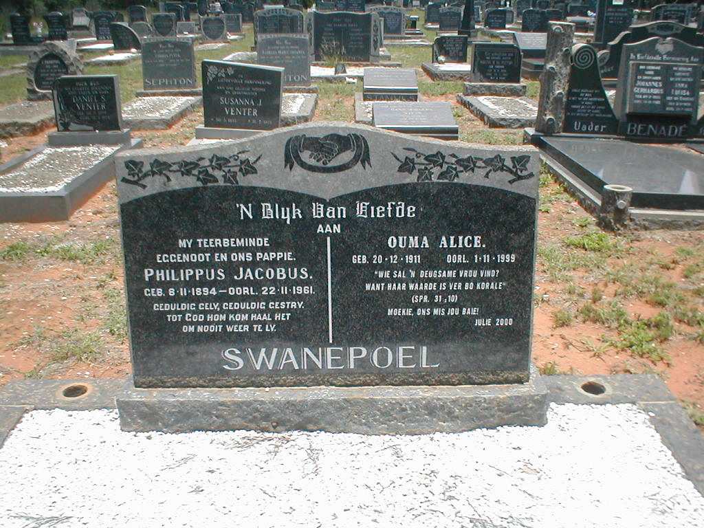 SWANEPOEL Phillipus Jacobus 1894-1961 &amp; Alice 1911-1999