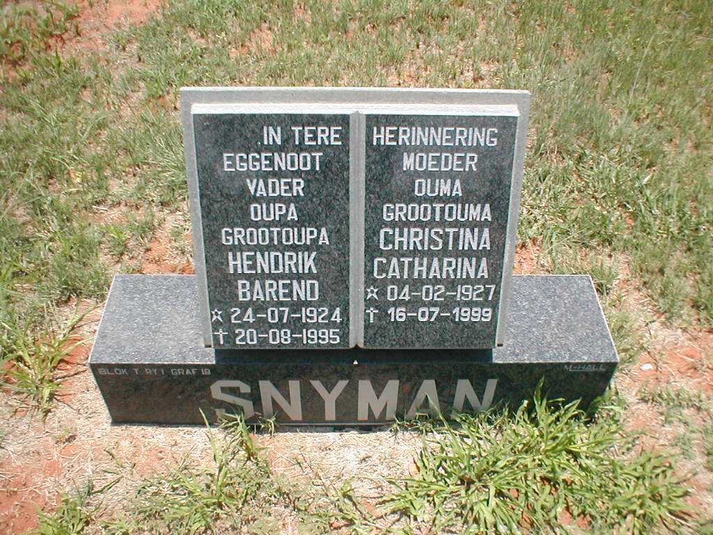 SNYMAN Hendrik Barend 1924-1995 &amp; Christina Catharina 1927-1999