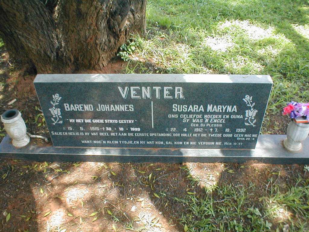 VENTER Barend Johannes 1915-1999 &amp; Susara Maryna DU PLESSIS 1912-1992