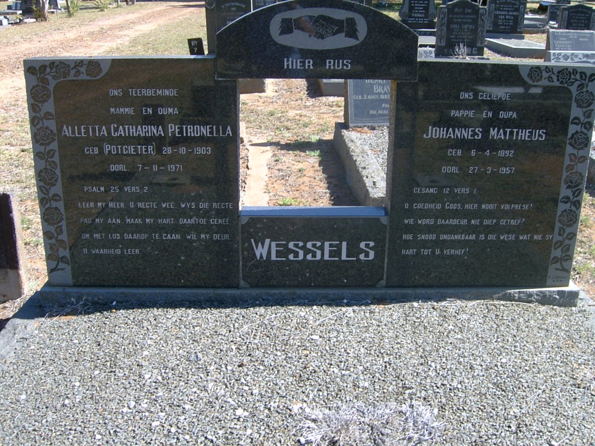 WESSELS Johannes Mattheus 1892-1957 &amp; Aletta Catharina Petronella POTGIETER 1903-1971