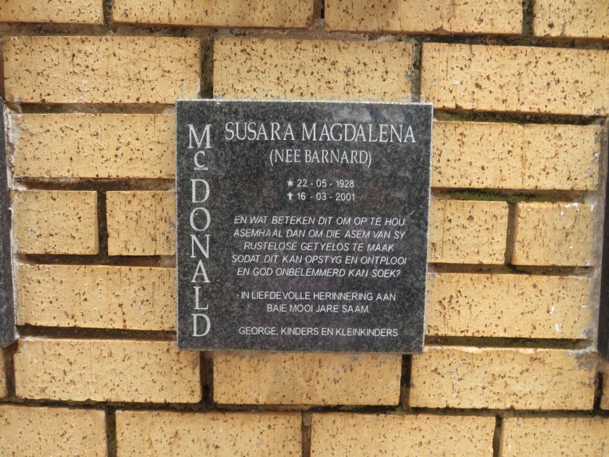 MCDONALD Susara Magdalena nee BARNARD 1928-2001