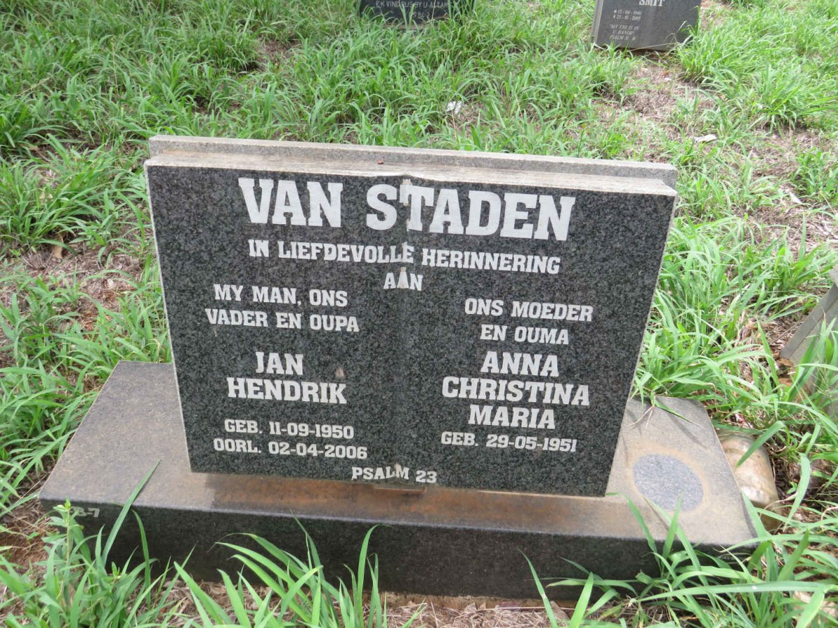 STADEN Jan Hendrik, van 1950-2006 & Anna Christina Maria 1951-