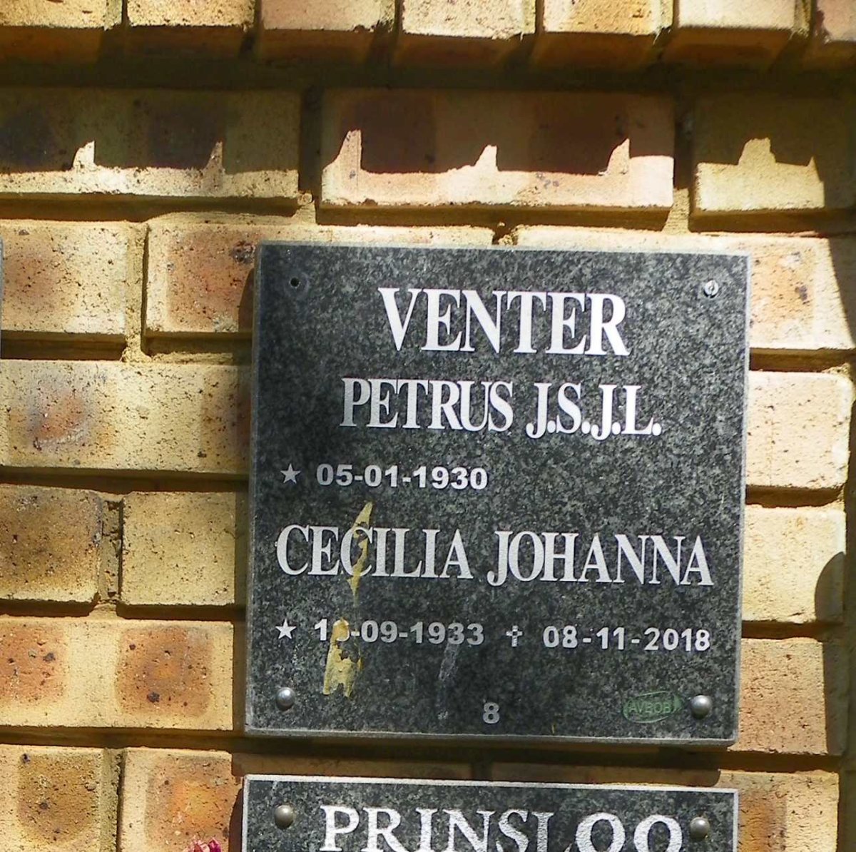 VENTER Petrus J.S.J.L. 1930- &amp; Cecilia Johanna 1933-2018