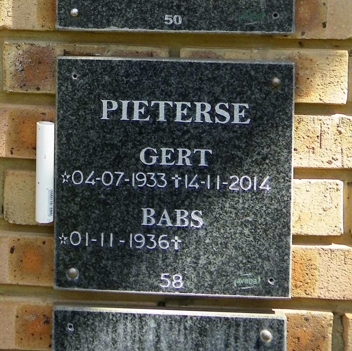 PIETERSE Gert 1933-2014 &amp; Babs 1936-