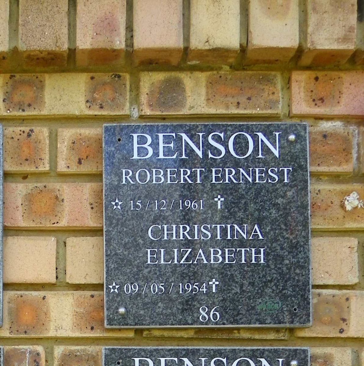 BENSON Robert Ernest 1961- &amp; Christina Elizabeth 1954-