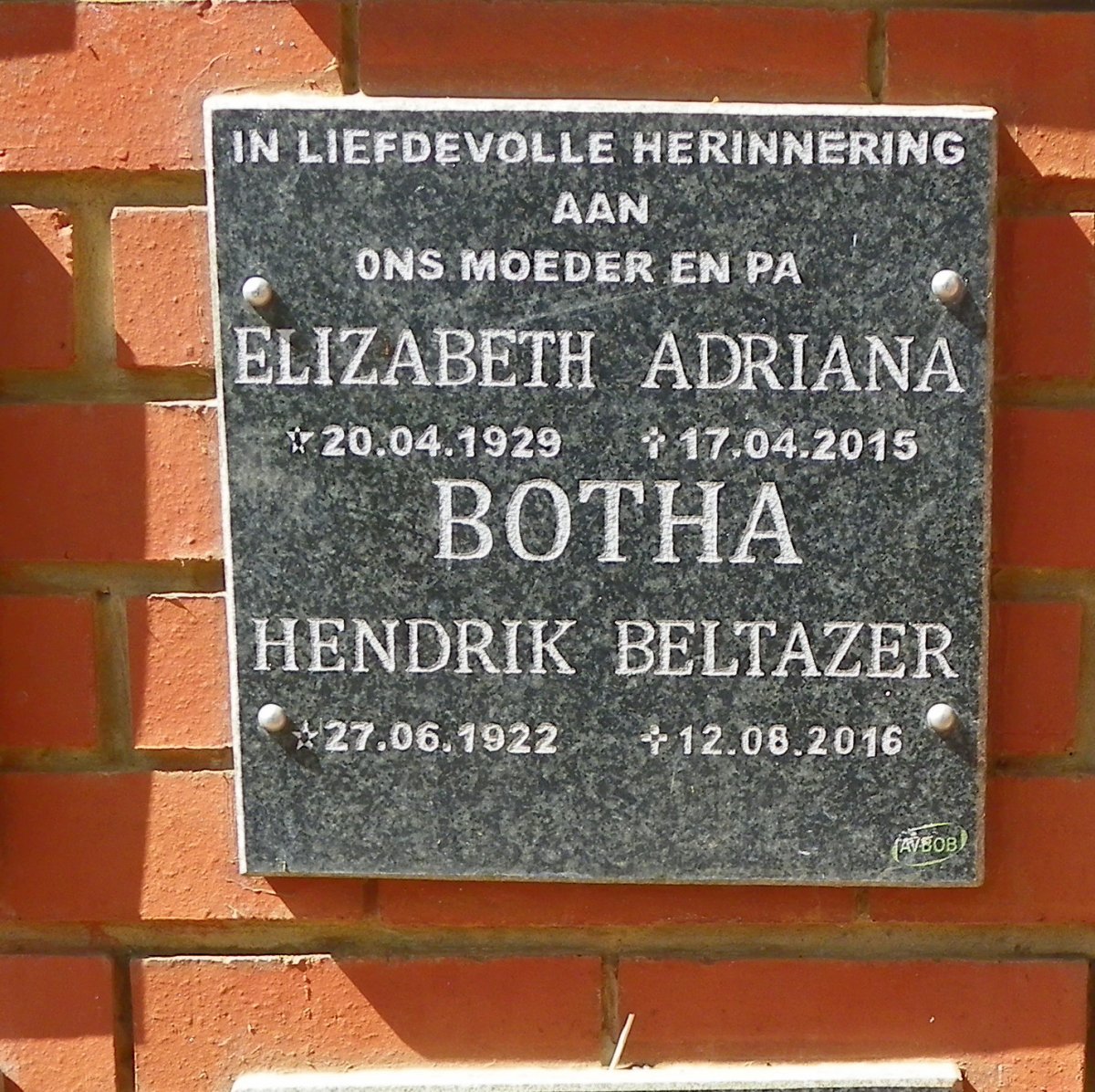 BOTHA Hendrik Beltazer 1922-2016 &amp; Elizabeth Adriana 1929-2015