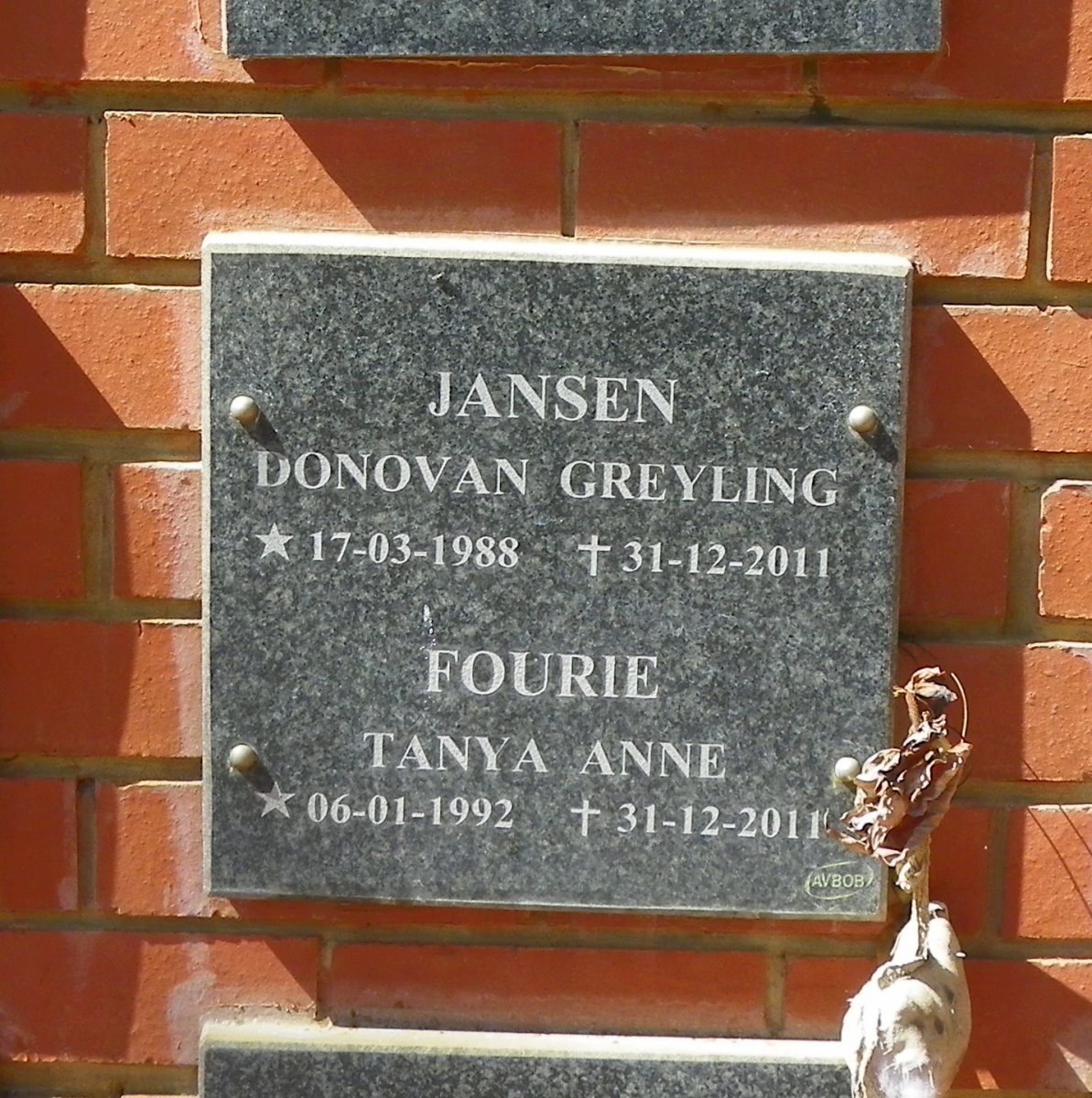 JANSEN Donovan Greyling 1988-2011 :: FOURIE Tanya Anne 1992-2011