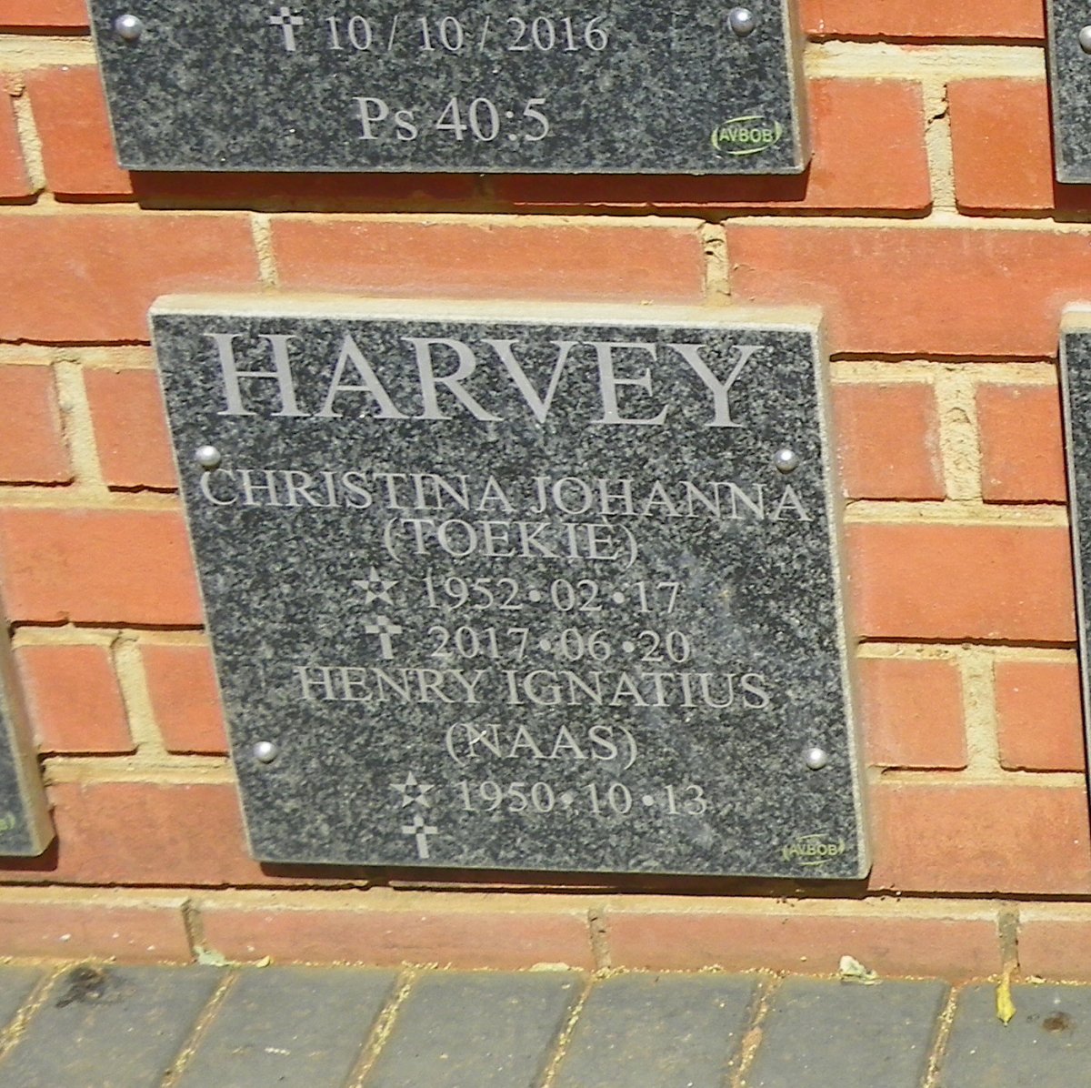 HARVEY Henry Ignatius 1950- &amp; Christina Johanna 1952-2017