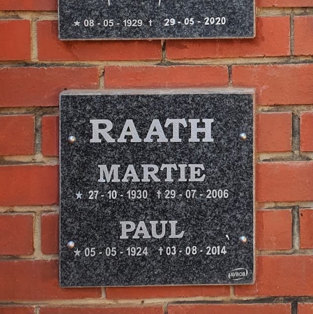 RAATH Paul 1924-2014 &amp; Martie 1930-2006