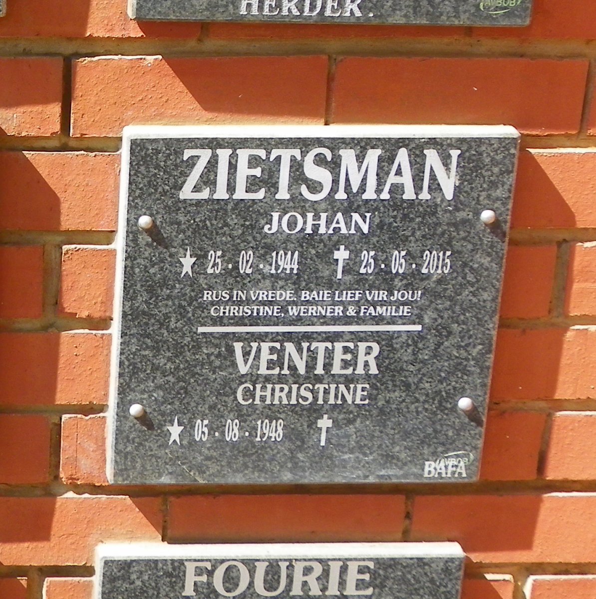 ZIETSMAN Johan 1944-2015 :: VENTER Christine 1948-
