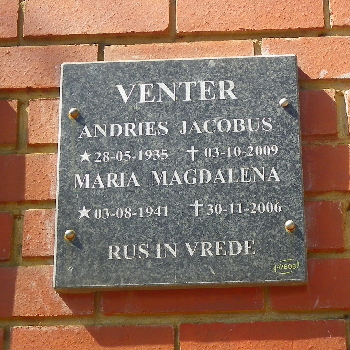 VENTER Andries Jacobus 1935-2009 &amp; Maria Magdalena 1941-2006