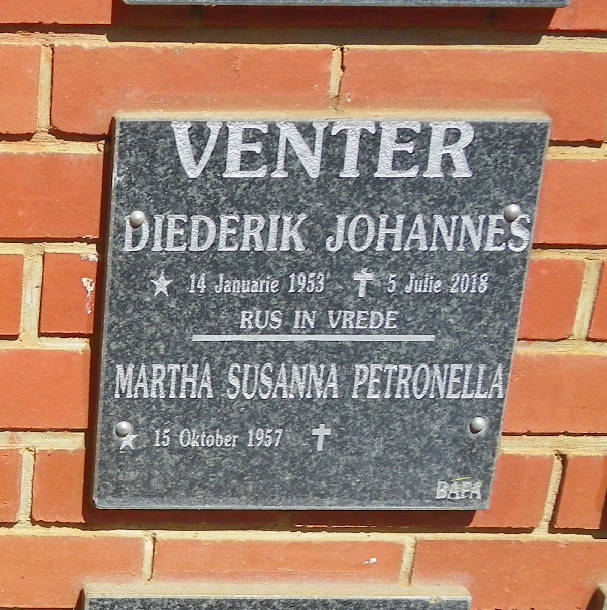 VENTER Diederik Johannes 1953-2018 &amp; Martha Susanna Petronella 1957-