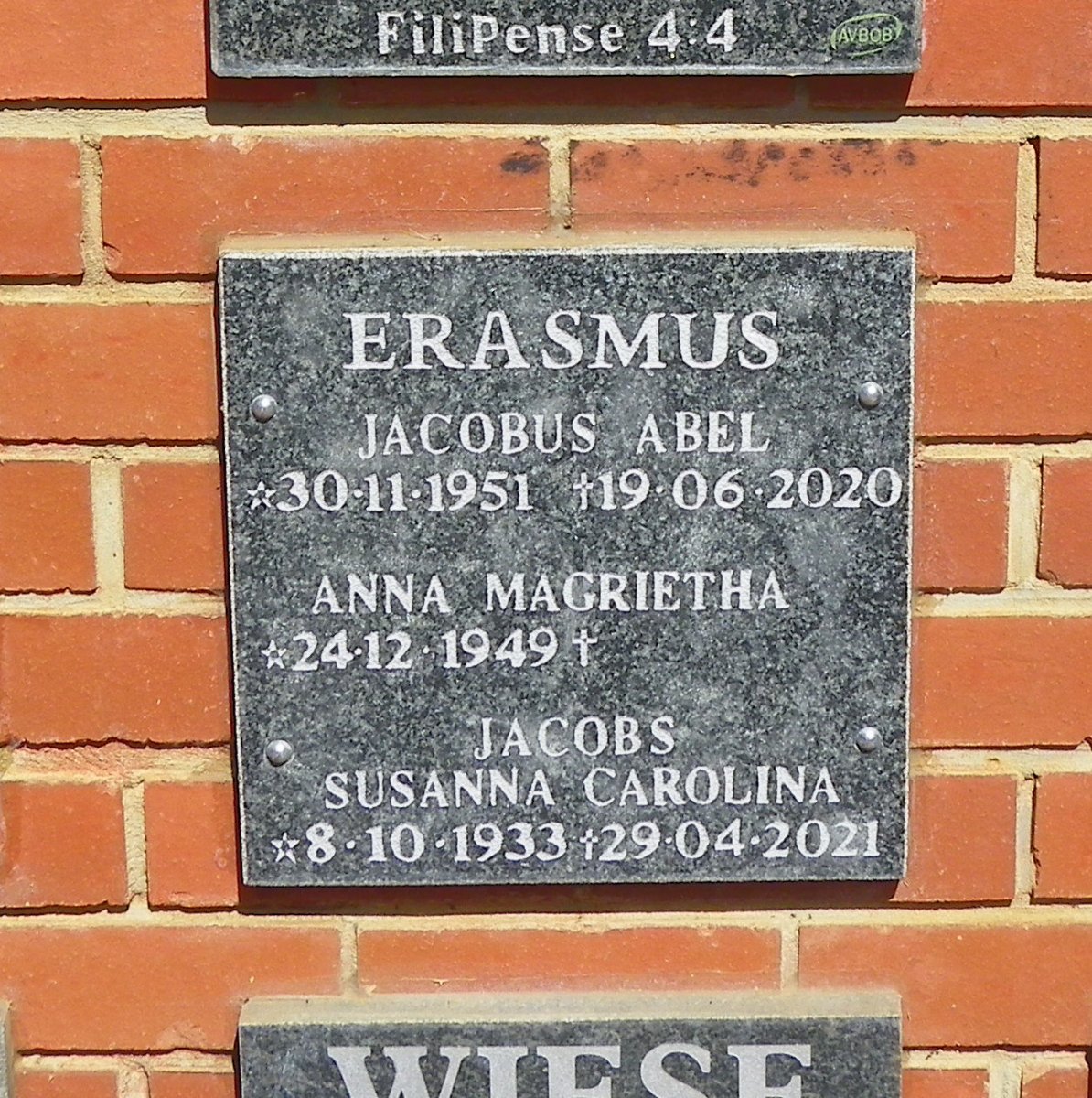 ERASMUS Jacobus Abel 1951-2020 &amp; Anna Magrietha 1949- :: JACOBS Susanna Carolina 1933-2021