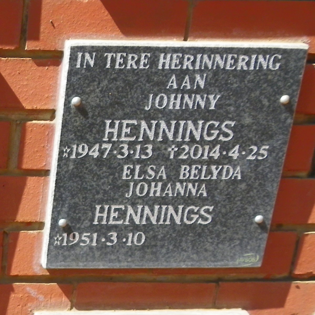 HENNINGS Johnny 1947-2014 &amp; Elsa Belyda Johanna 1951-