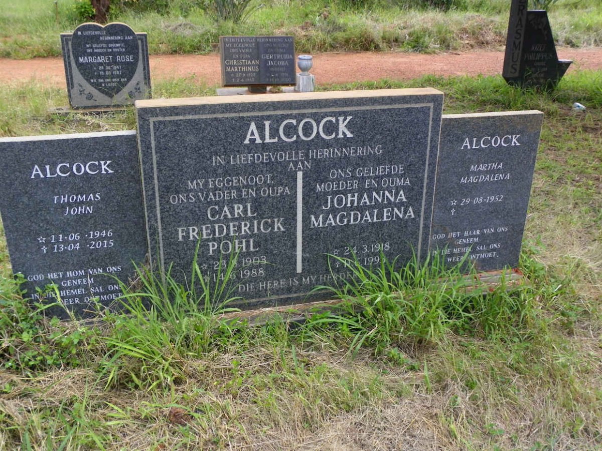 ALCOCK Carl Frederick Pohl 1903-1988 &amp; Johanna Magdalena 1918-1993