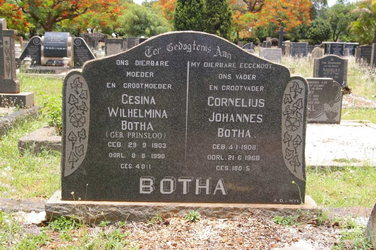 BOTHA Cornelius Johannes 1908-1968 &amp; Gesina Wilhelmina PRINSLOO 1903-1990