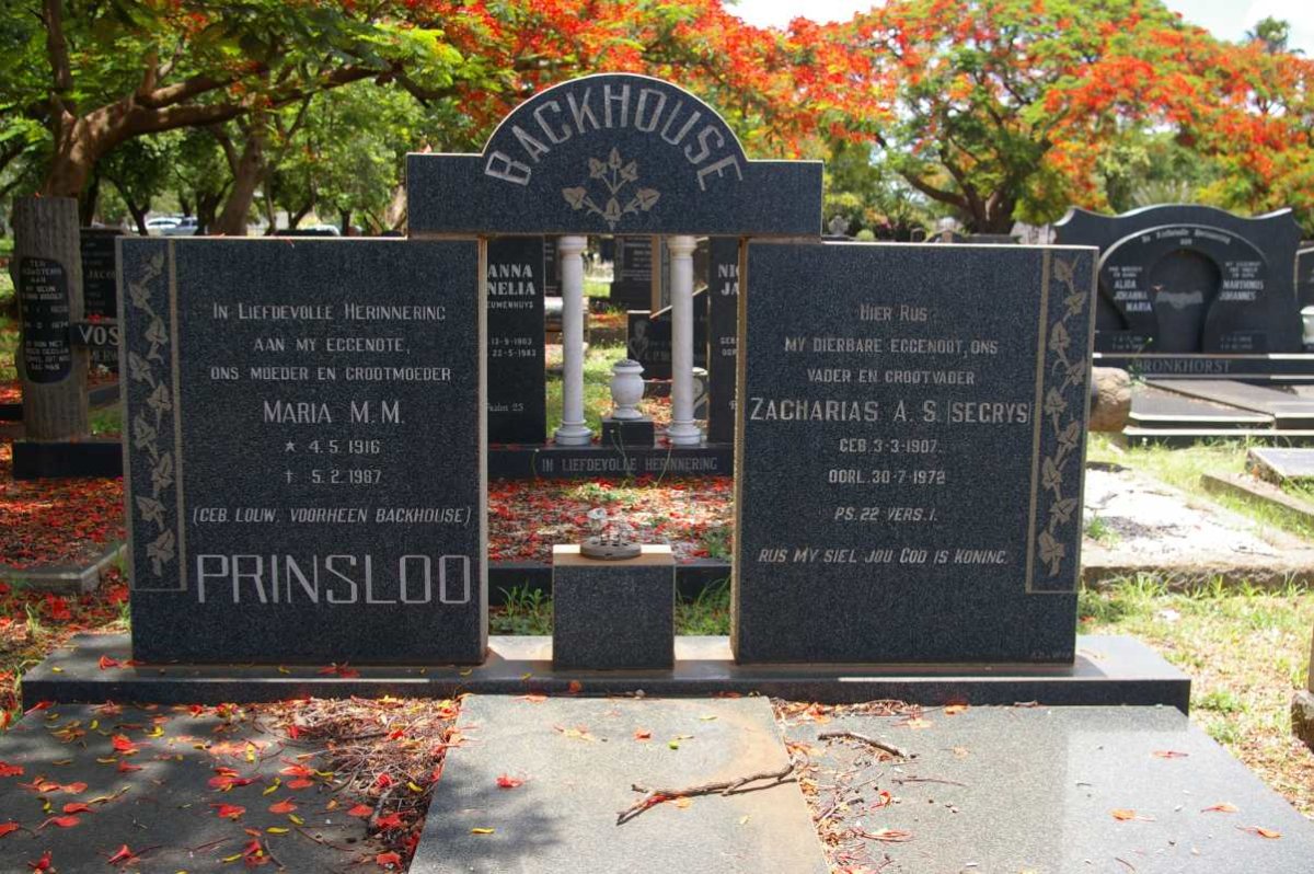BACKHOUSE Zacharias A.S. 1907-1972 &amp; PRINSLOO Maria M.M. voorheen BACKHOUSE nee LOUW 1916-1987